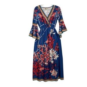 Flying Tomato Blue Boho Floral Printed Maxi Dress Size XS V-Neck